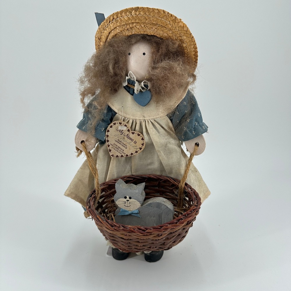 Country Folks Elizabeth Handcrafted Folk Art Wooden Doll with Basket and Cat MCM
